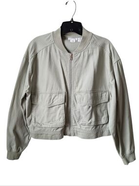 Nicole Miller Celery Green 100% Cotton Twill Bomber Jacket Medium Neutral Utilit